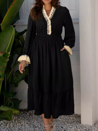 Contrast Leopard Frilled Trim V Neck Bracelet Sleeve Midi Dress